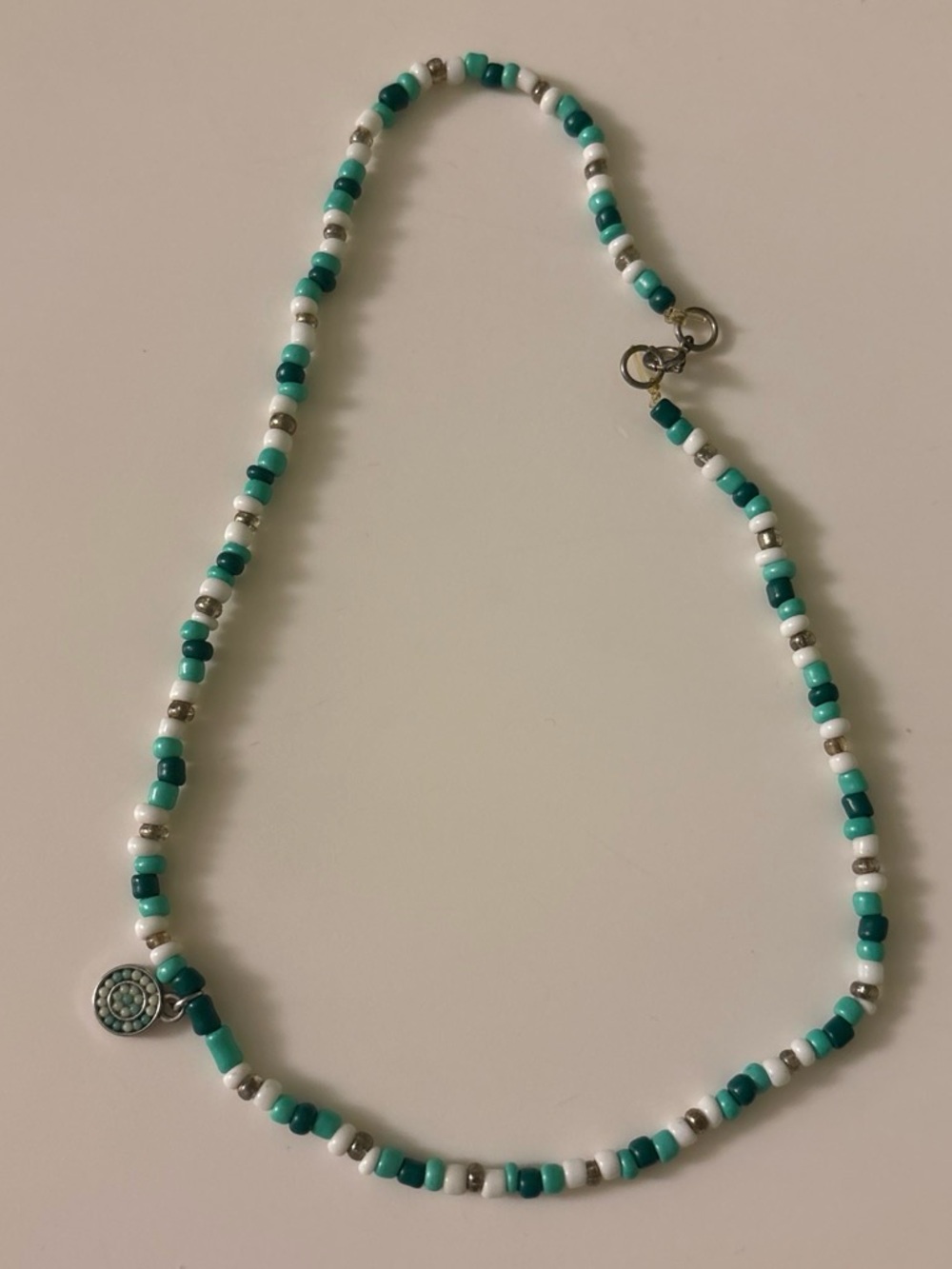 Turquoise & White Beaded Necklace with Silver Charm - Women Jewelry
